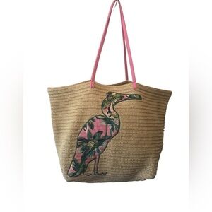 Vera Bradley Flamingo Seashore Straw Beach Bag Tote Double Handles Sz Large Boho